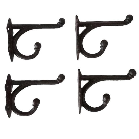 4 Black Rustic Coat Hooks Antique Style Cast Iron 4"x5" Wall Double Hardware - Picture 1 of 4